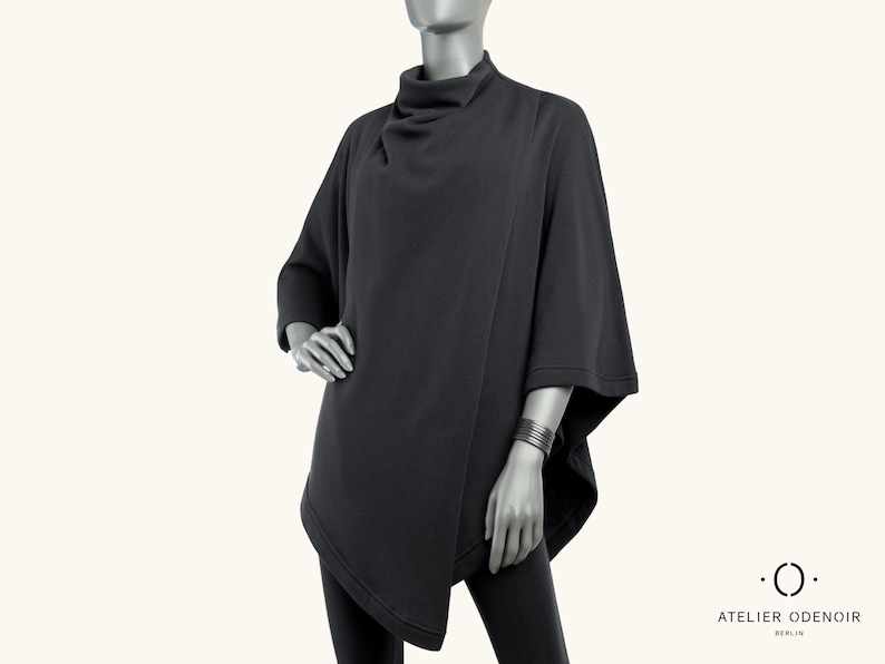 Unisex Black Poncho Black Cape Gender Neutral Poncho Handmade in Berlin Gender fluid clothing. zdjęcie 7