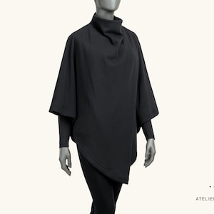 Unisex Black Poncho Black Cape Gender Neutral Poncho Handmade in Berlin Gender fluid clothing. zdjęcie 9