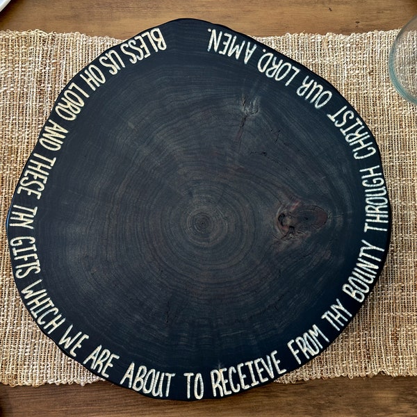 Religious family meal prayer hand engraved on a modern rustic lazy susan turntable made from our fallen trees