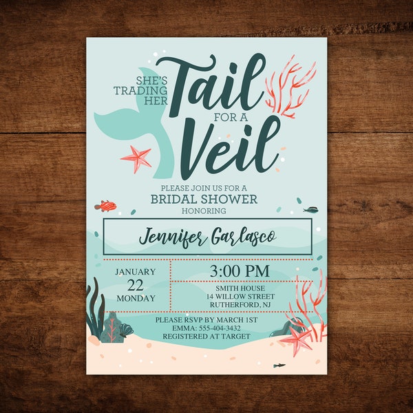 Mermaid Bridal Shower DIY Printable Invitation - Instant Download - Editable