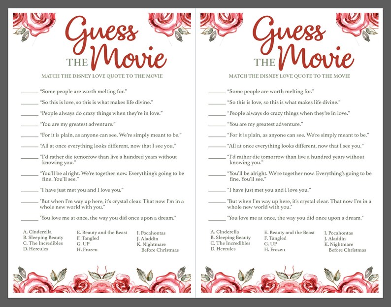 Guess the Disney Quote Bridal Shower Game DIY Printable | Etsy