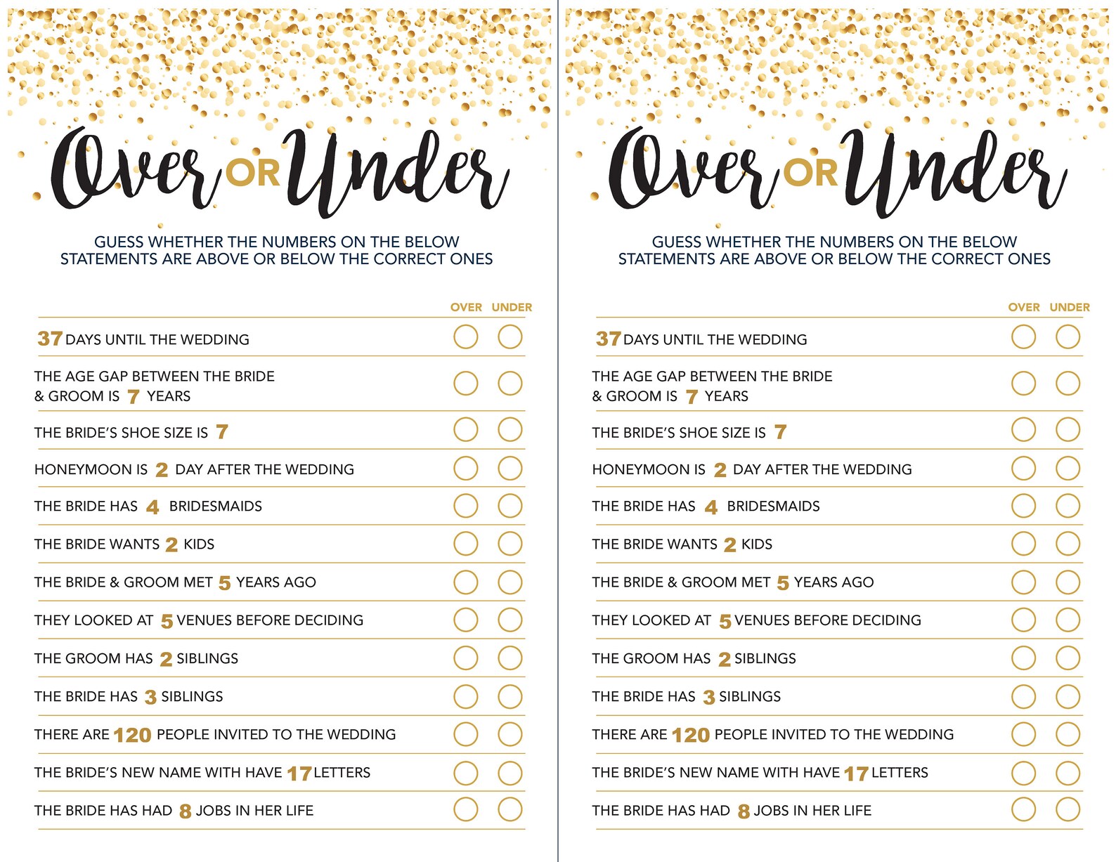 Bridal Shower Game Over Under DIY Printable Instant | Etsy