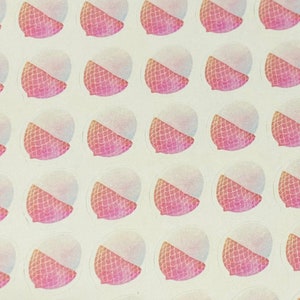 May include: A sheet of 49 pink and white watercolor stickers with a geometric pattern. The stickers are round and have a white background with a pink and white geometric pattern on the top half.