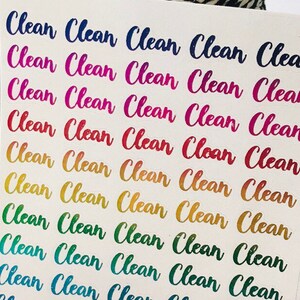 May include: A sheet of rainbow coloured stickers with the word "Clean" repeated multiple times on each sticker.