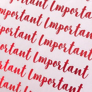 May include: A sheet of white paper with ten red, glossy stickers that say "Important" in a cursive font.