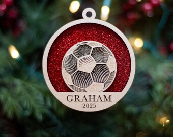 Personalized Soccer Christmas Ornament | Wood Laser Cut 3D Double Layered | 2024 | Glitter School Colors | Holiday coach idea