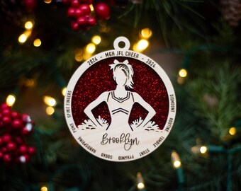 Personalized Cheerleader Christmas Ornament | Wood Laser Cut 3D Double Layered | 2024 | Glitter School Colors | Holiday coach idea | Cheer