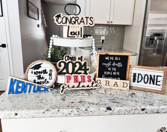 Graduation Tiered Tray Decor Set | Mini Framed Sign | College Pennant | 3D laser cut wood | Party Decorations | Graduate | Class of 2024