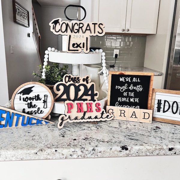 Graduation Tiered Tray Decor Set | Mini Framed Sign | College Pennant | 3D laser cut wood | Party Decorations | Graduate | Class of 2024