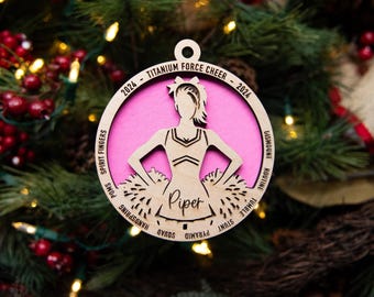 Personalized Female Cheerleader Christmas Ornament | Wood Laser Cut 3D Double Layered | 2024 | End season gift | Holiday coach idea | Cheer