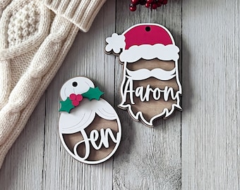 Santa and Mrs. Claus Personalized Stocking Gift Tag Ornament | 3D laser cut wood | Custom with Name | 2023 Ornament Gift Idea | Christmas