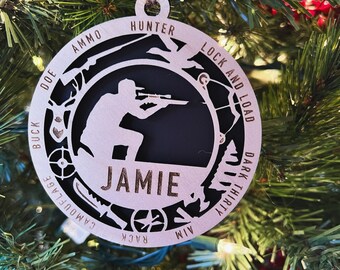 Personalized Deer Hunter Christmas Tree Ornament | Custom Shotgun Season Gift idea for dad Husband Boyfriend or son | First Year Hunting