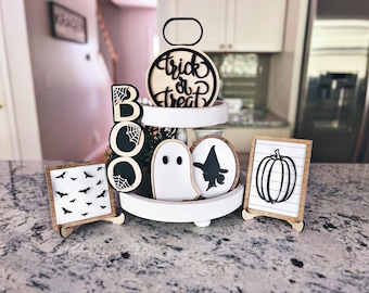 Halloween Tiered Tray Decor Set | Mini Framed Sign | Small Signs | 3D laser cut wood | Party Decorations | Ghosts | Witch Silhouette | Boo