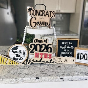 Graduation Tiered Tray Decor Set | Mini Framed Sign | College Pennant | 3D laser cut wood | Party Decorations | Graduate | Class of 2026