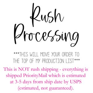 May include: A digital graphic with black cursive text reading Rush Processing, followed by black block text stating THIS WILL MOVE YOUR ORDER TO THE TOP OF MY PRODUCTION LIST. Below, pink text clarifies this is not rush shipping via USPS PriorityMail.