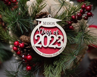 Class of 2023 graduation Christmas ornament personalized with name high school | stocking stuffer gift memento keepsake | 3D laser cut wood