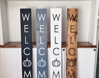 Pumpkin Vertical Welcome Sign White | Entryway Sign | Fall Porch Decor | Tall Porch Sign | Outdoor Autumn Halloween Farmhouse Style