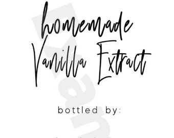 May include: A printable label for homemade vanilla extract. The label has the text "homemade vanilla extract" in black cursive font. It also includes spaces to fill in the date bottled, the date bottled on, and the date to let the extract steep until. The label also includes the text "tahitian vanilla beans & vodka" in black font.