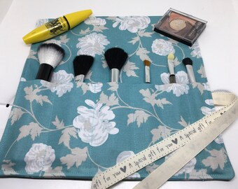 Teal Faux Suede Pouch Roll Canvas Pencil Wrap Makeup Brushes Roll