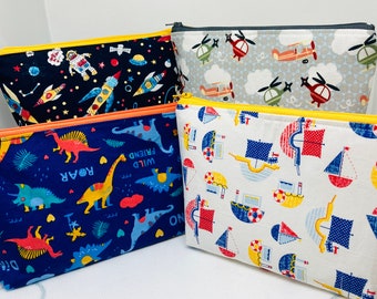 Childs Zipped Bag, Flat Bottom, Accessories Bag, Wash Bag, Medicines Bag, Water Resistant Lining, 4 Different Fabric Designs