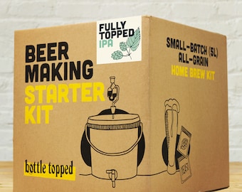 May include: A brown cardboard box with a yellow label that says "Beer Making Starter Kit" and "bottle topped". The box has a picture of a fermenting bucket, a tap, and a bottle of beer. The box also has a label that says "Fully Topped IPA" and "Small-Batch (5L) All-Grain Home Brew Kit".