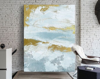 Large Abstract Painting On Canvas Blue Light coloured Painting Gold Contemporary Oil Painting Original Abstract Canvas Wall Art Office Decor