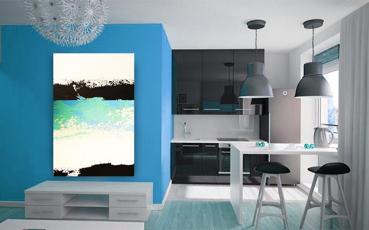 Black and White Art, Turquoise Oil Painting, Wall Art Contemporary Art ...