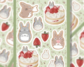 Japanese Cute Character Cake and Strawberry Sticker Sheet | Kawaii Kiss-Cut Stickers
