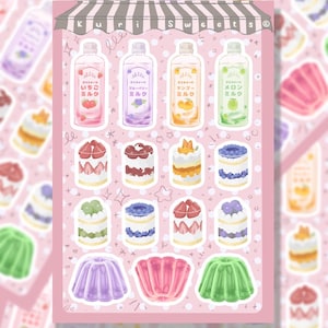 Bunte Süßigkeiten Stickerbogen | Elegante Dessert Aufkleber | Japanische Milch, Parfaits und Gelatine | Washi Papier in glänzend oder matt