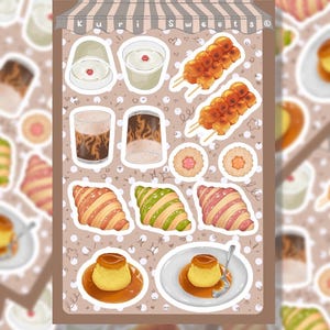 Glänzender Lebensmittel Stickerbogen | Elegante Dessert Aufkleber | Washi Papier in glänzend oder matt