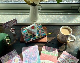 Sweets Art Prints | Cute Cat Floral Dessert Postcards