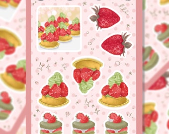 Matcha strawberry tart and macaron sticker sheet | Elegant stickers | Japanese flavors