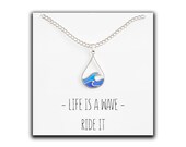 Ocean Wave Necklace Cute Drop Shape Pendant for Surfer, Sea Lover, Hawaiian or Beach Enthusiast - Blue Wave Jewelry