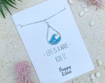 Ocean Wave Necklace – Cute Drop Shape Pendant for Surfer, Sea Lover, Hawaiian or Beach Enthusiast - Blue Wave Jewelry