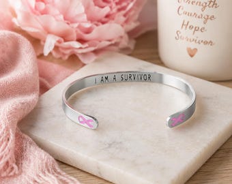 Breast Cancer Awareness Bracelet - Pink Ribbon, “I Am A Survivor” - Gift for Women