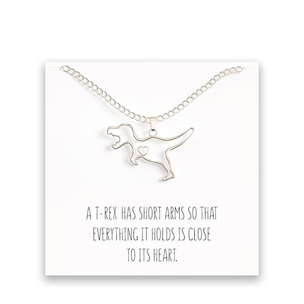 Dinosaur T-Rex Necklace - Cute Pendant Gift - Sweet and Funny Message Card - Silver Plated - Tyrannosaurus Rex