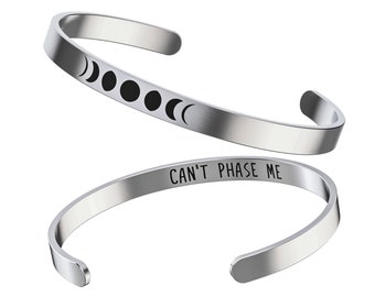 Moon Phases Bracelet - Moon Gifts for Women - Cute Stainless Steel Bangle – Silver Cuff with “Can’t Phase Me” Inspirational Quote