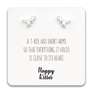 T-Rex Stud Earring Set for Women and Girls – Silver – Cute Heart Design with Message Card - Dinosaur Gifts
