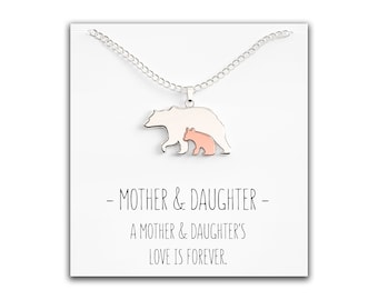 Mother Daughter Bear Necklace – Mama Bear Pendant – Cute Mom Silver Rose Gold Gift for Woman & Girls