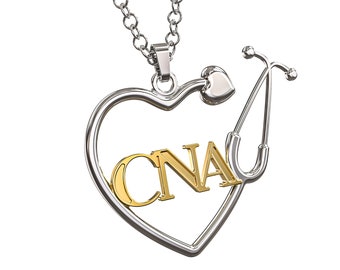 May include: Silver necklace with a heart-shaped pendant featuring a gold 'CNA' inscription and a stethoscope design.