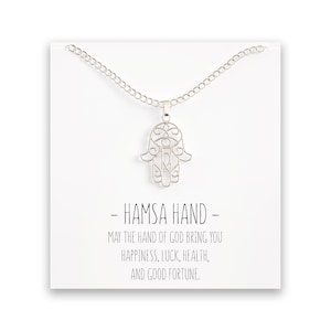 Hamsa Hand Necklace – Fetima Pendant – Detailed Eye Design – Message Card
