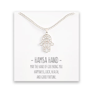 Hamsa Hand Necklace – Fetima Pendant – Detailed Eye Design – Message Card