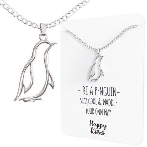Penguin Necklace Gift – Cute Penguin Pendant – Charm Jewelry for Women, Girls and Kids – with Message Card - Silver Plated