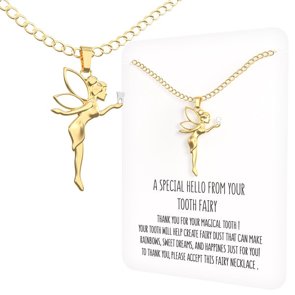 Tooth Fairy Gift Necklace Gold For Girls 5-7 With Card From Tooth Fairy - Add to Gifts Box or Kit for Under Pillow