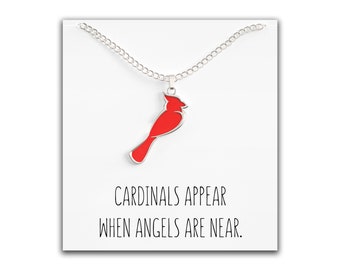 Cardinal Necklace for Women – Cute Red & Silver Charm – Cardinals Appear When Angels are Near Message Card