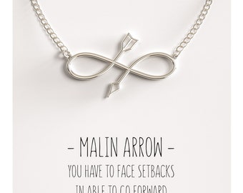 Happy Kisses Malin Infinity Arrow Pendant Necklace – Silver with Inspirational Quote Card