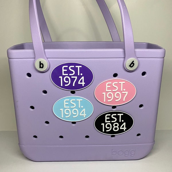 Bogg Bag Charms / Birth Year Emblems / EST. 19XX / Established Year / Bag Accessories / Waterproof / Decorative Bag Clip / Custom Plaque
