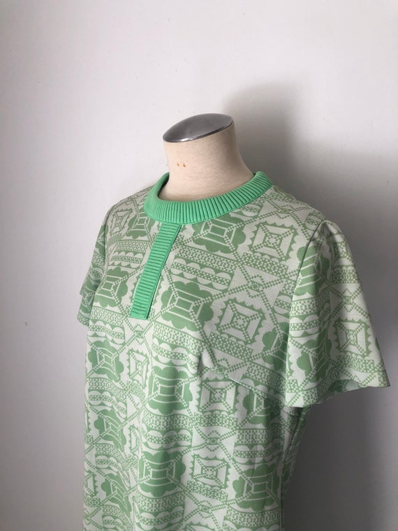 60s Mod Green Pattern Shift Dress XL - image 3