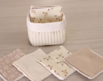 Panier avec lingettes lavables double gaze et éponge bambou écru