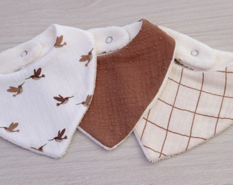 Double gauze bandana bib for baby, birth gift, camel bib, checks, bird pattern, sold individually